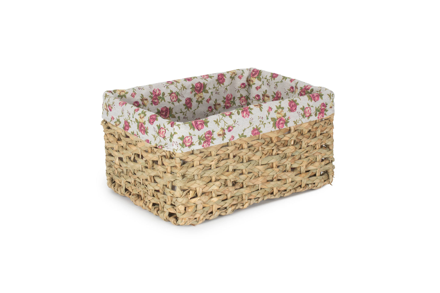 LARGE THATCH GRASS STORAGE BASKET with GARDEN ROSE LINING