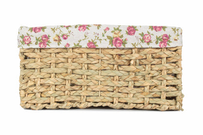 LARGE THATCH GRASS STORAGE BASKET with GARDEN ROSE LINING