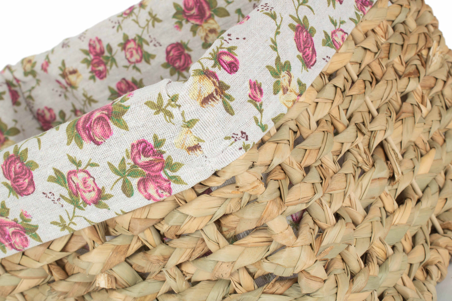LARGE THATCH GRASS STORAGE BASKET with GARDEN ROSE LINING