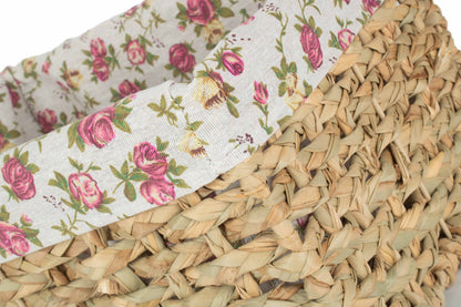 LARGE THATCH GRASS STORAGE BASKET with GARDEN ROSE LINING