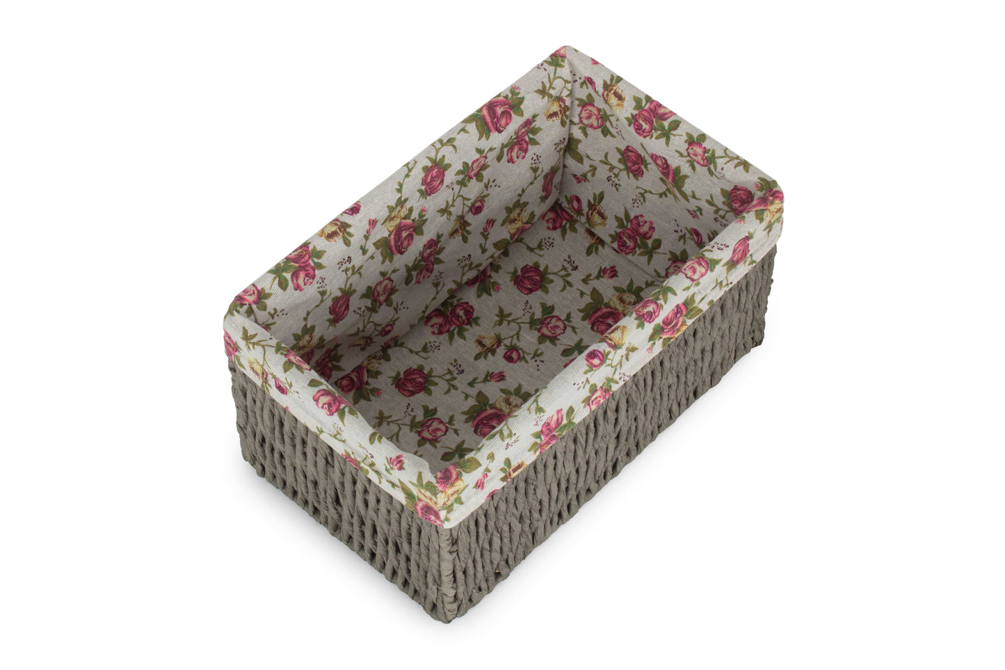 SMALL GREY PAPER ROPE STORAGE BASKET with GARDEN ROSE LINING
