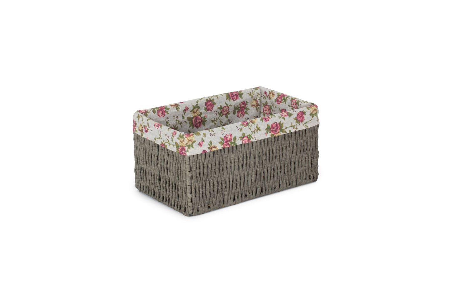 SMALL GREY PAPER ROPE STORAGE BASKET with GARDEN ROSE LINING