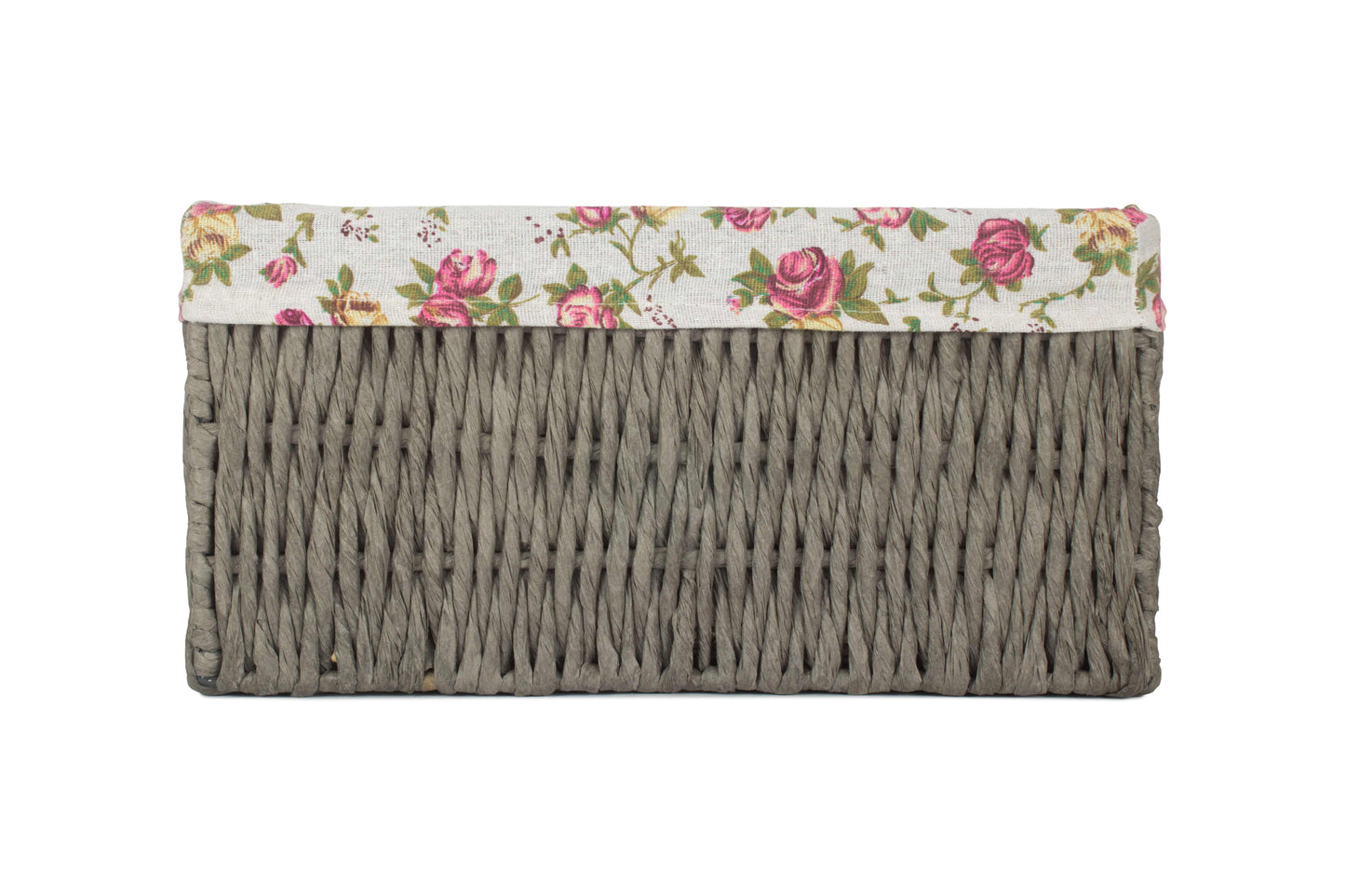 SMALL GREY PAPER ROPE STORAGE BASKET with GARDEN ROSE LINING