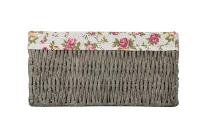 SMALL GREY PAPER ROPE STORAGE BASKET with GARDEN ROSE LINING