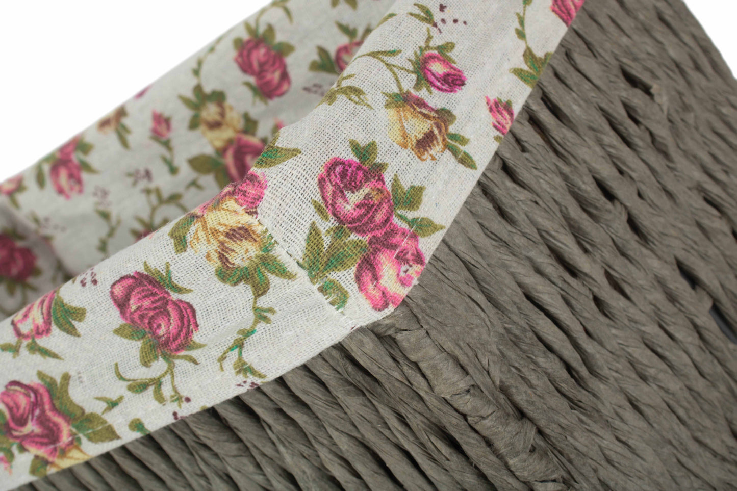 SMALL GREY PAPER ROPE STORAGE BASKET with GARDEN ROSE LINING