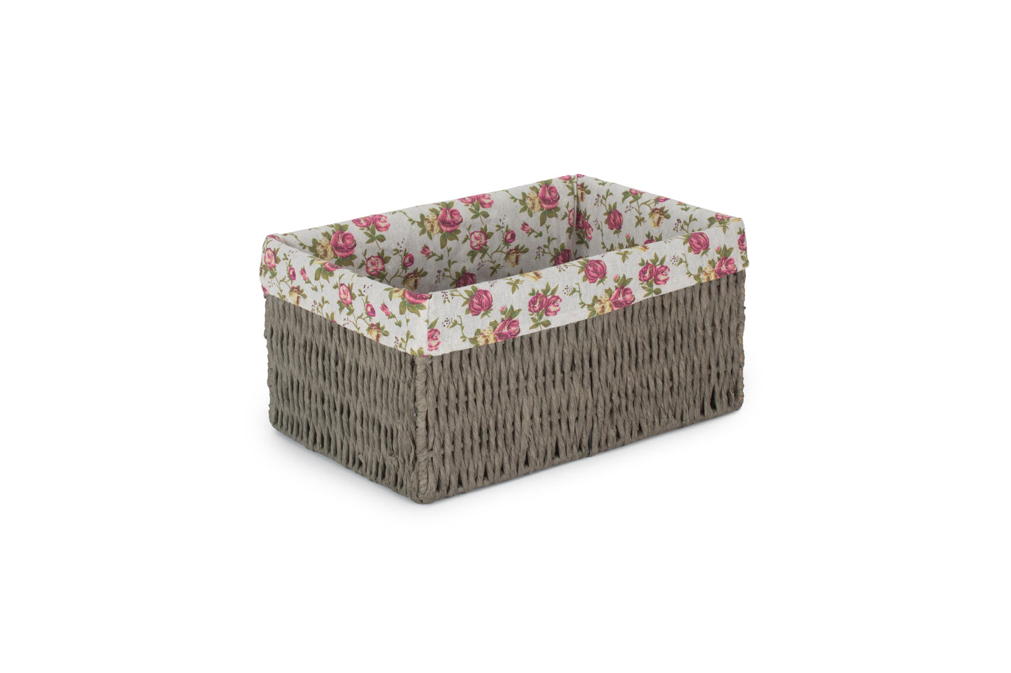 MEDIUM GREY PAPER ROPE STORAGE BASKET with GARDEN ROSE LINING
