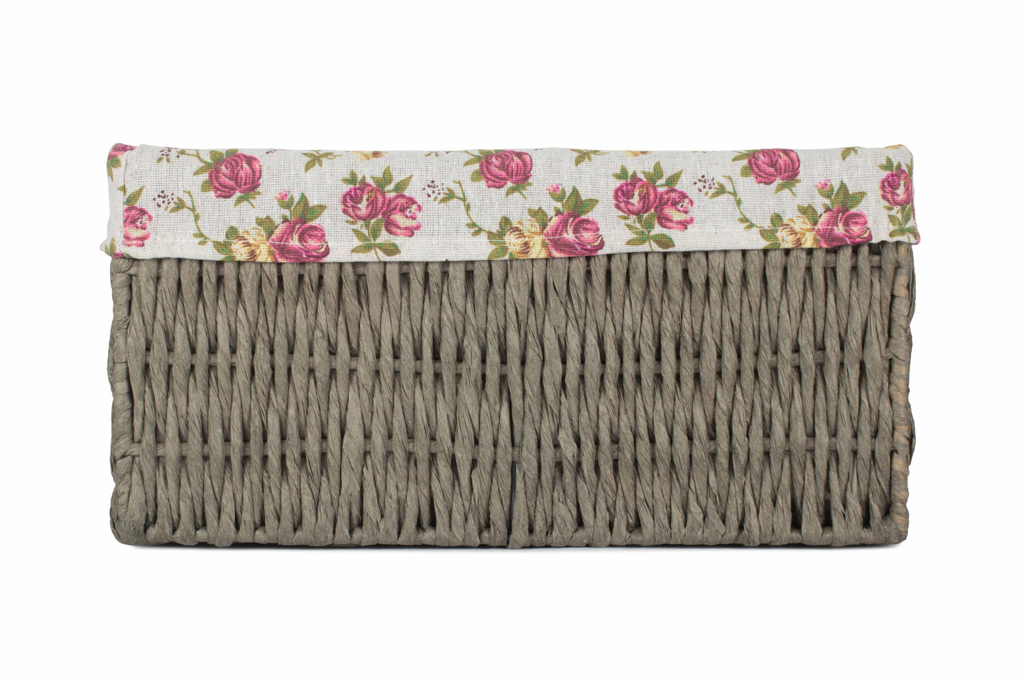MEDIUM GREY PAPER ROPE STORAGE BASKET with GARDEN ROSE LINING