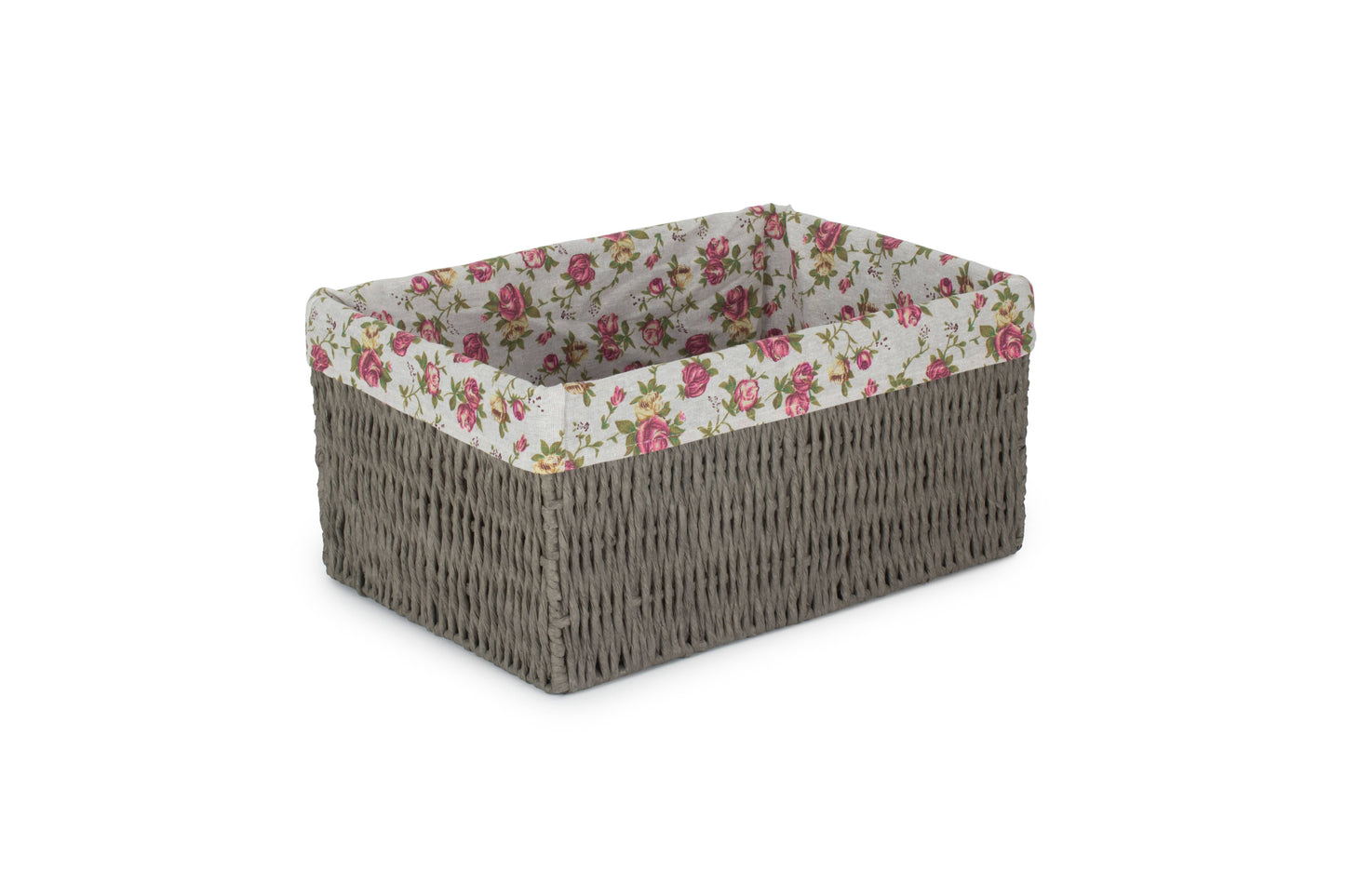 LARGE GREY PAPER ROPE STORAGE BASKET with GARDEN ROSE LINING