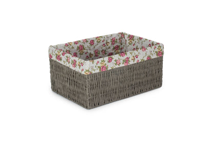 LARGE GREY PAPER ROPE STORAGE BASKET with GARDEN ROSE LINING