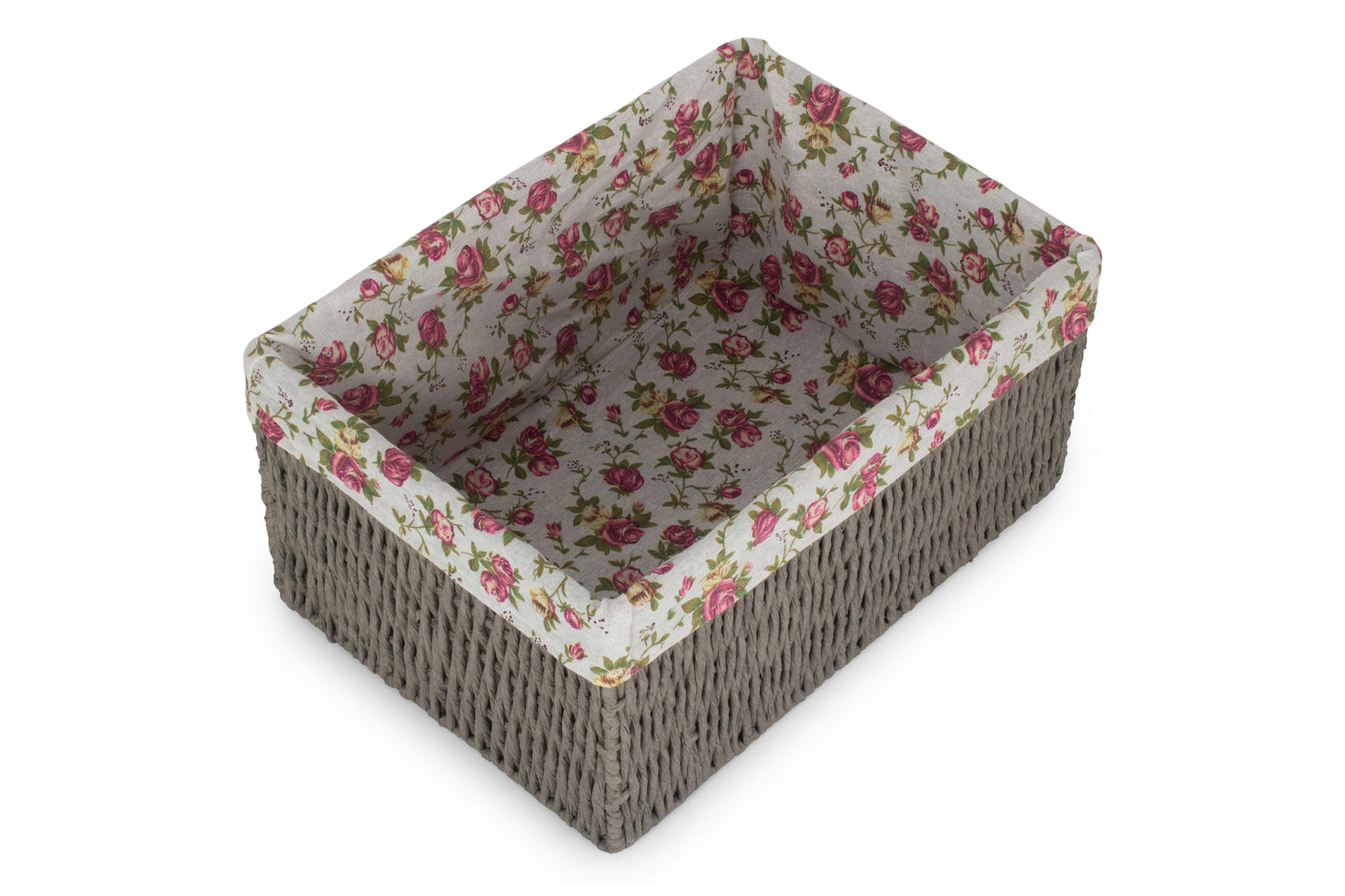 LARGE GREY PAPER ROPE STORAGE BASKET with GARDEN ROSE LINING