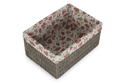 LARGE GREY PAPER ROPE STORAGE BASKET with GARDEN ROSE LINING