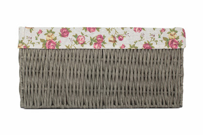LARGE GREY PAPER ROPE STORAGE BASKET with GARDEN ROSE LINING