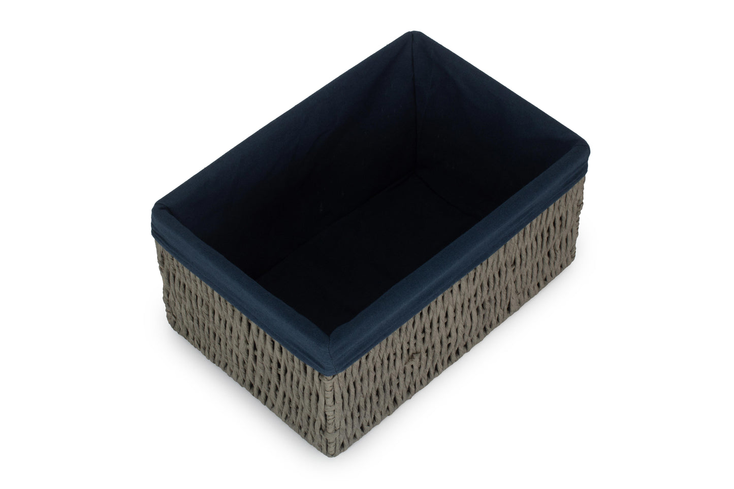 MEDIUM GREY PAPER ROPE STORAGE BASKET with NAVY BLUE LINING