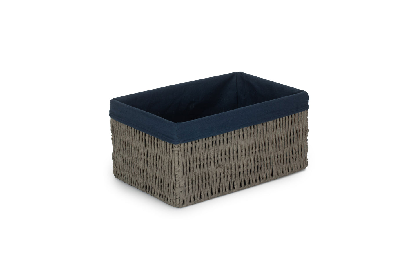 MEDIUM GREY PAPER ROPE STORAGE BASKET with NAVY BLUE LINING