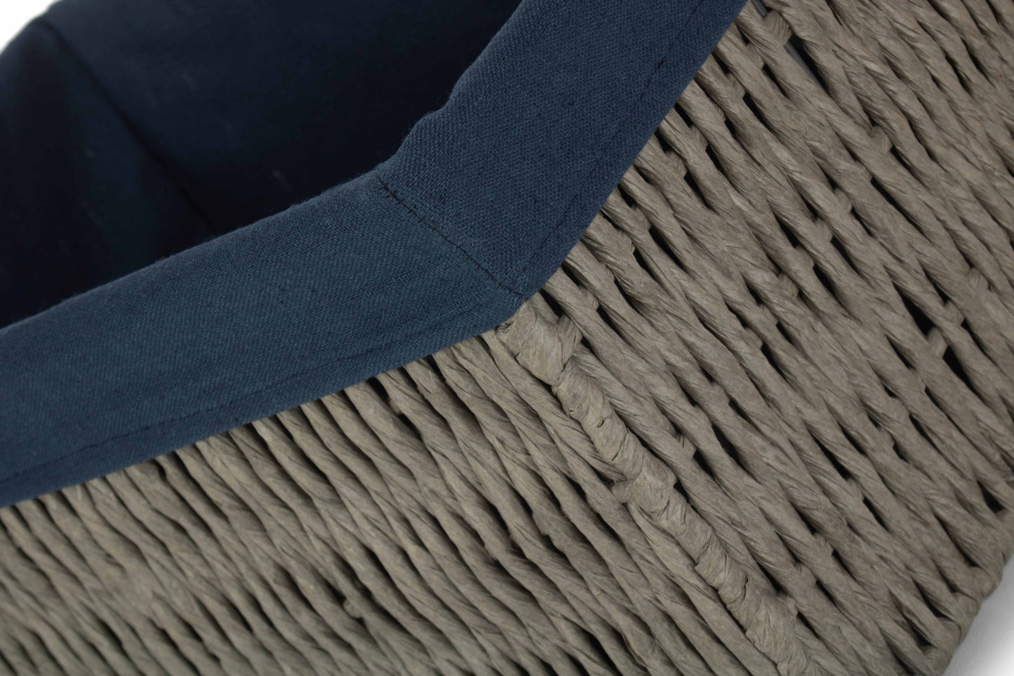 MEDIUM GREY PAPER ROPE STORAGE BASKET with NAVY BLUE LINING