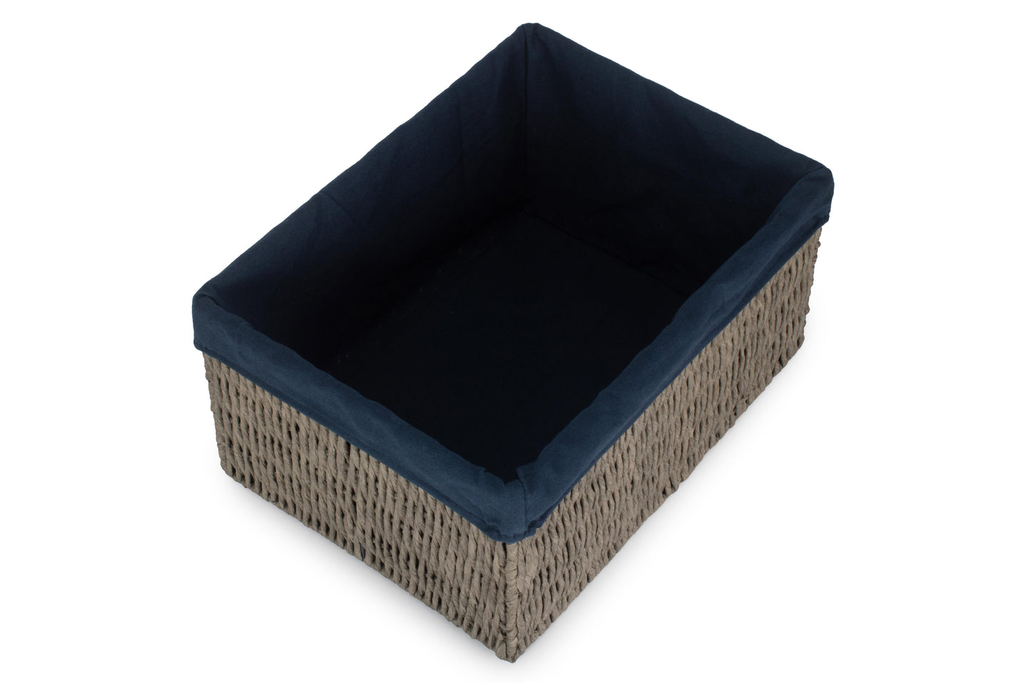 EXTRA LARGE GREY PAPER ROPE STORAGE BASKET with NAVY BLUE LINING