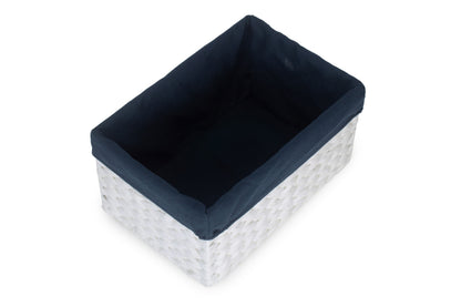 SIZE 1 WHITE PAPER ROPE RECTANGULAR STORAGE BASKETS with NAVY BLUE LINING