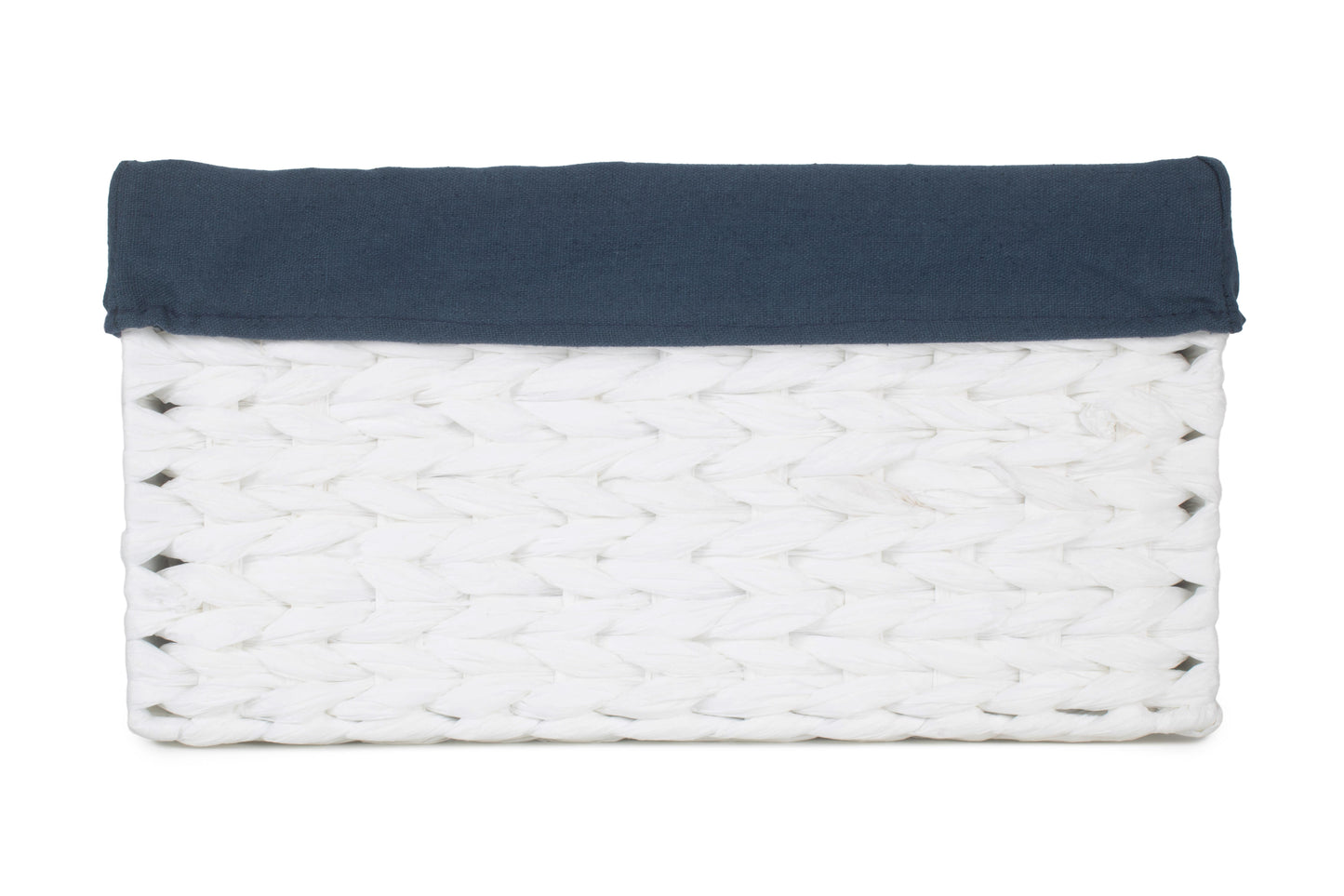 SIZE 1 WHITE PAPER ROPE RECTANGULAR STORAGE BASKETS with NAVY BLUE LINING