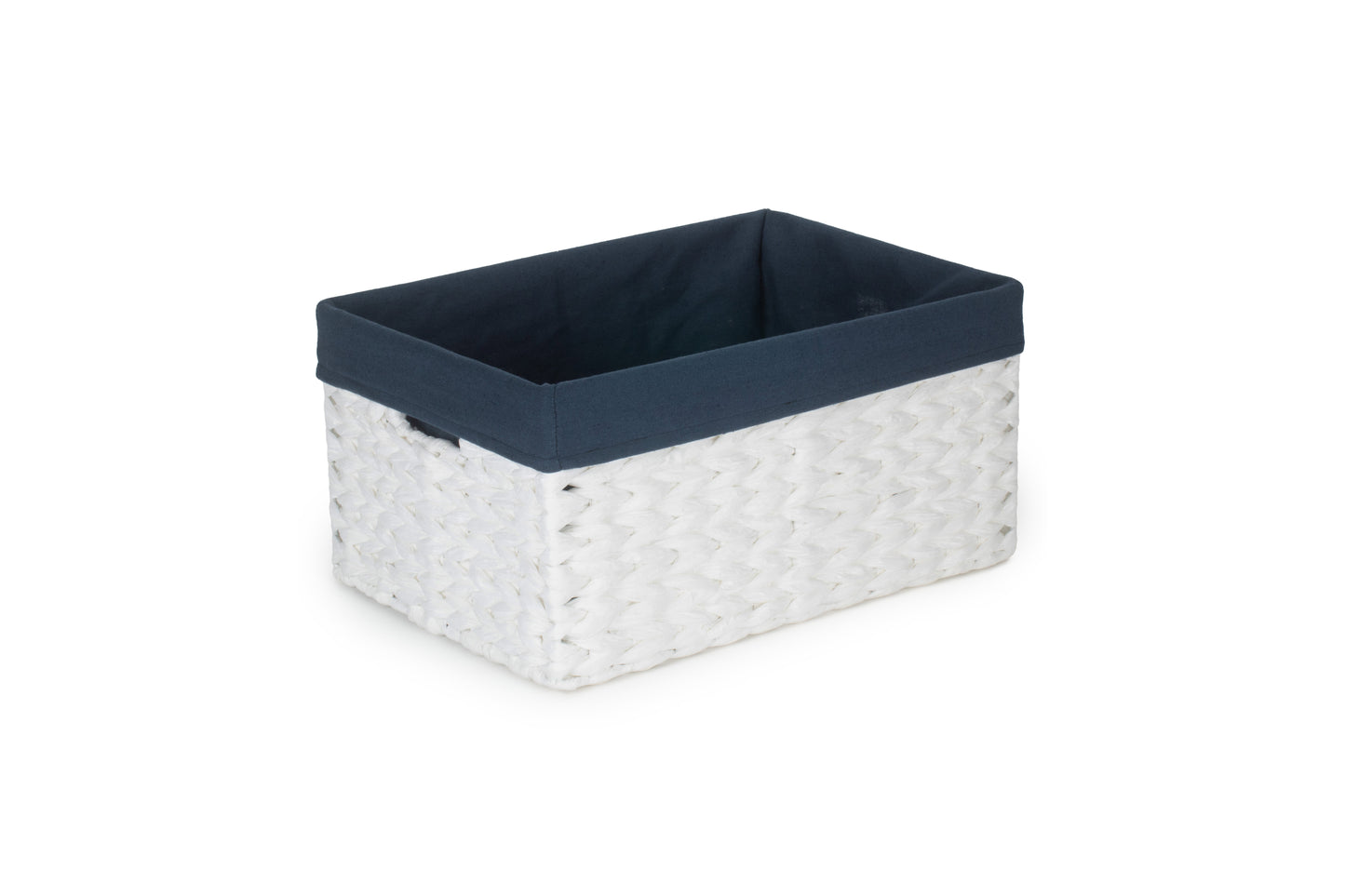 SIZE 2 WHITE PAPER ROPE RECTANGULAR STORAGE BASKET with NAVY BLUE LINING