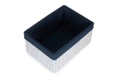 SIZE 2 WHITE PAPER ROPE RECTANGULAR STORAGE BASKET with NAVY BLUE LINING