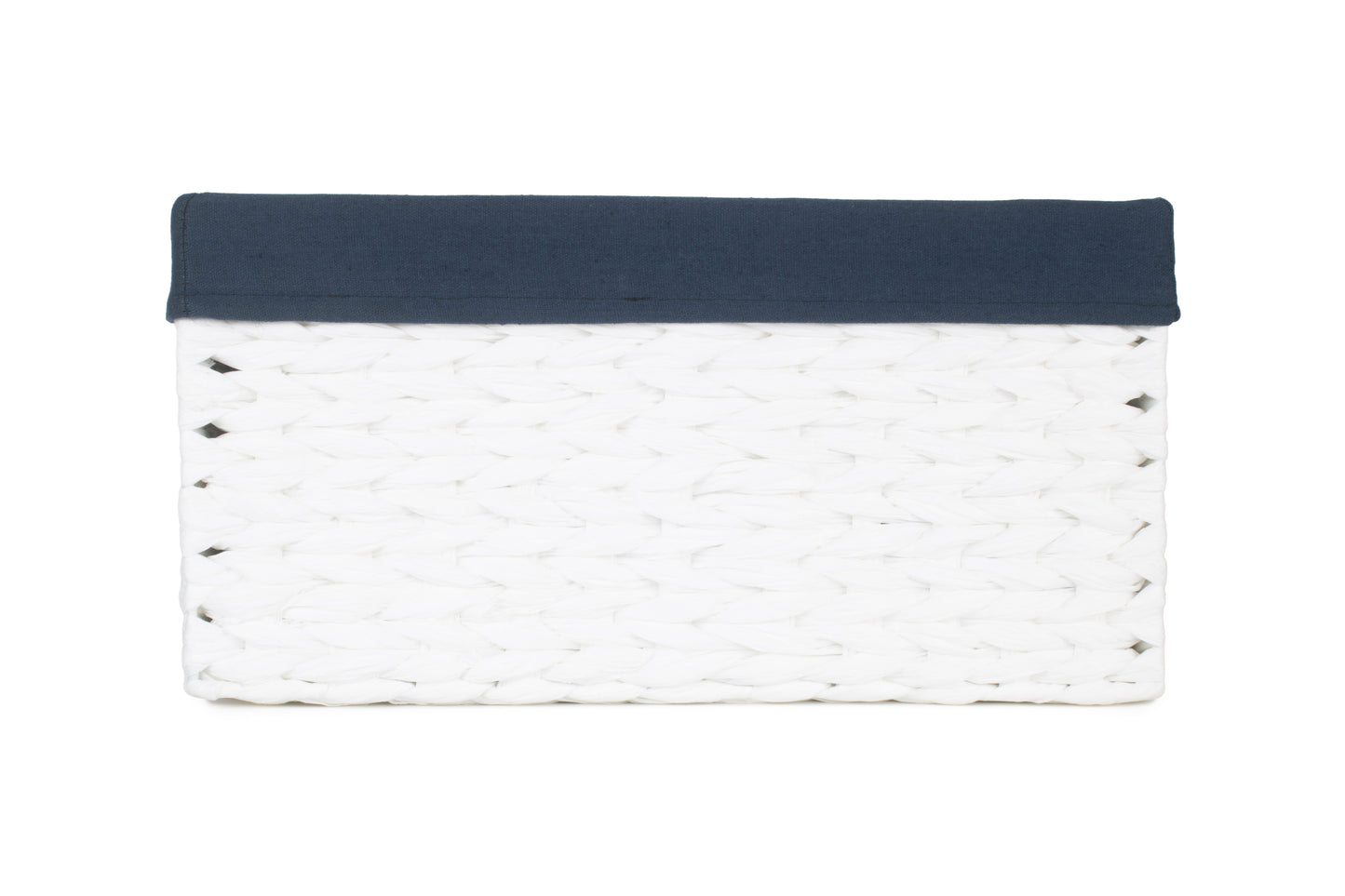 SIZE 2 WHITE PAPER ROPE RECTANGULAR STORAGE BASKET with NAVY BLUE LINING
