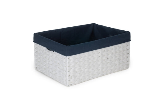 SIZE 3 WHITE PAPER ROPE RECTANGULAR STORAGE BASKET with NAVY BLUE LINING