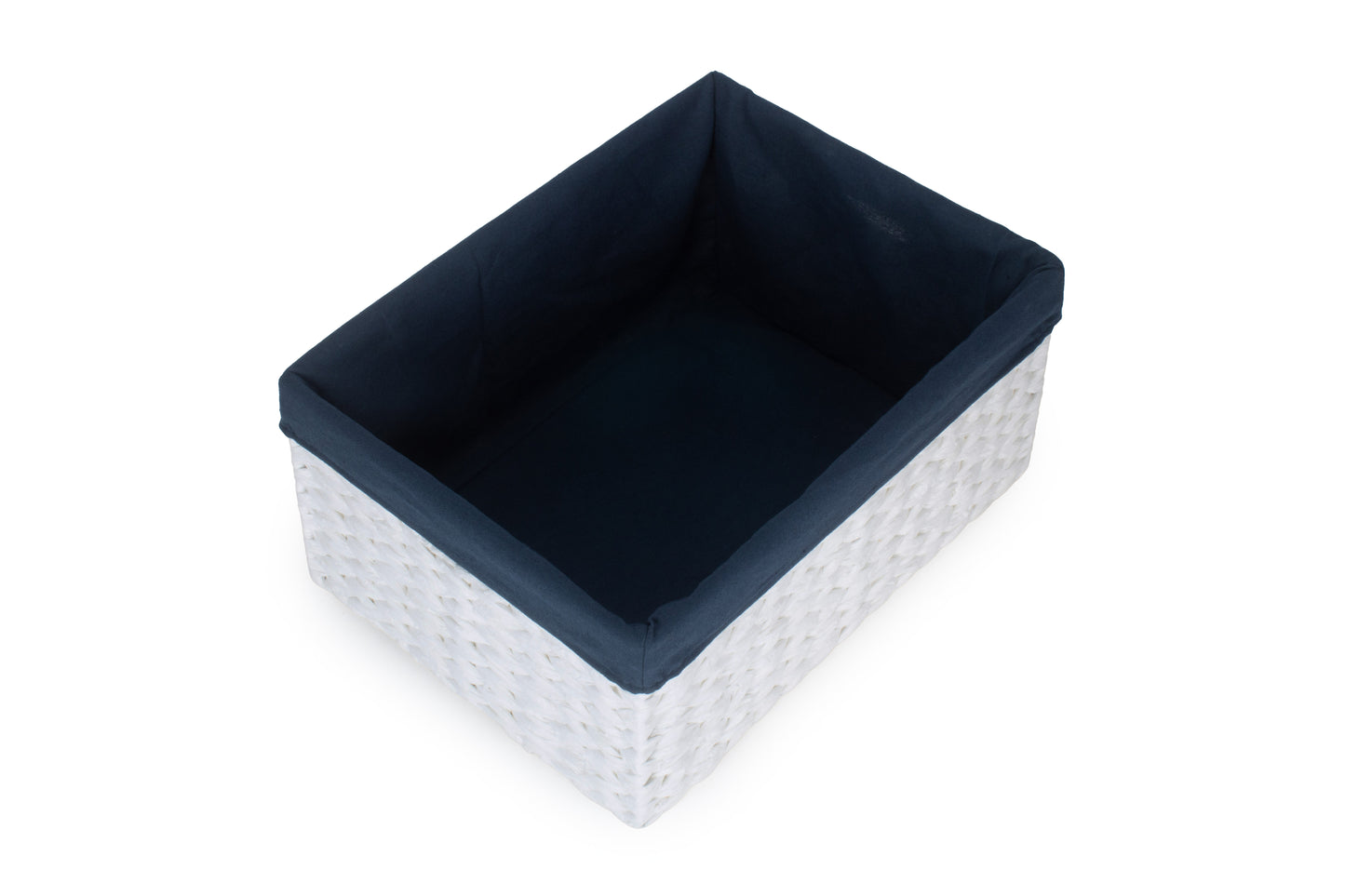 SIZE 3 WHITE PAPER ROPE RECTANGULAR STORAGE BASKET with NAVY BLUE LINING