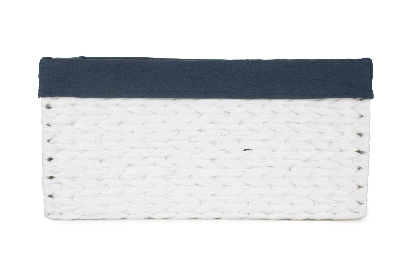 SIZE 3 WHITE PAPER ROPE RECTANGULAR STORAGE BASKET with NAVY BLUE LINING