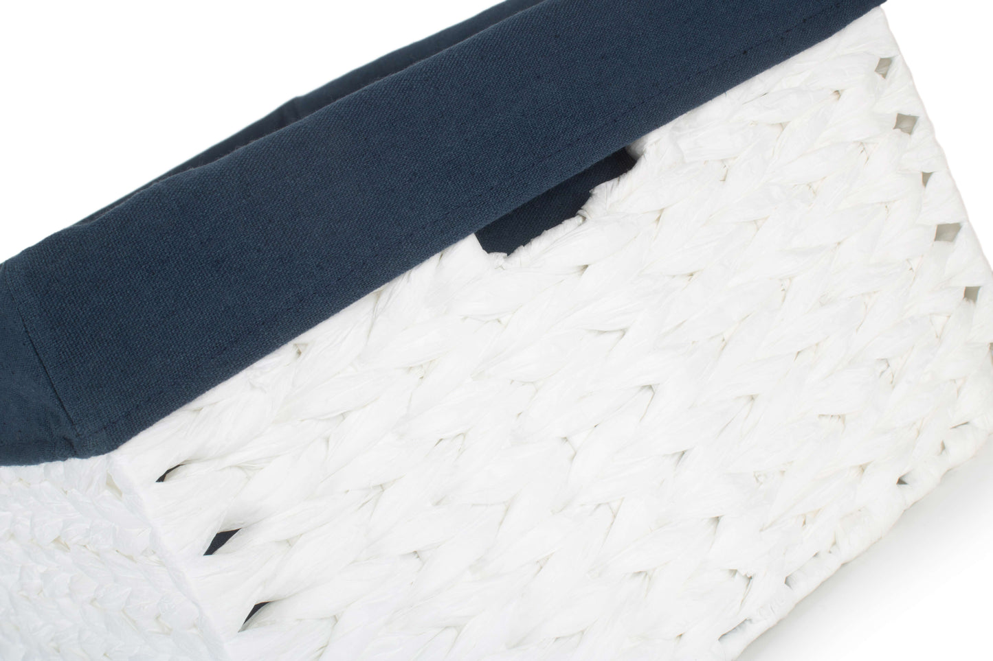 SIZE 3 WHITE PAPER ROPE RECTANGULAR STORAGE BASKET with NAVY BLUE LINING