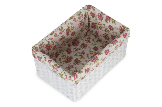 SIZE 1 WHITE PAPER ROPE RECTANGULAR STORAGE BASKET with GARDEN ROSE LINING