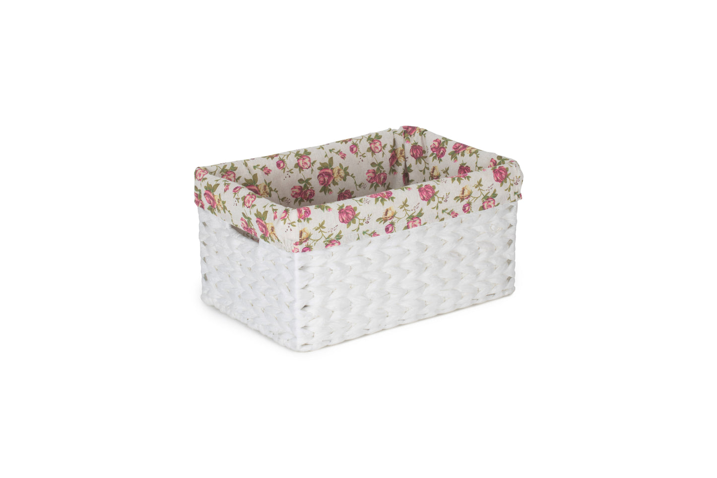SIZE 1 WHITE PAPER ROPE RECTANGULAR STORAGE BASKET with GARDEN ROSE LINING
