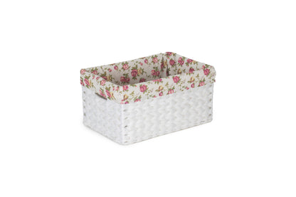 SIZE 1 WHITE PAPER ROPE RECTANGULAR STORAGE BASKET with GARDEN ROSE LINING
