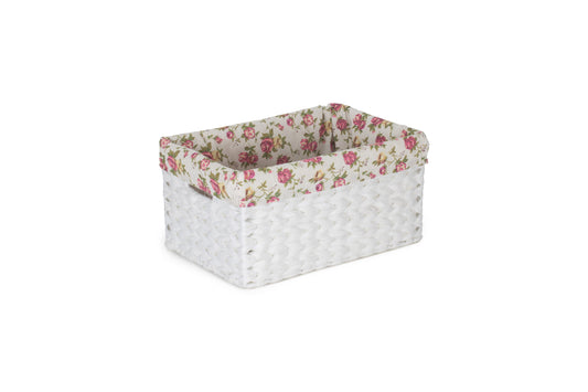 SIZE 1 WHITE PAPER ROPE RECTANGULAR STORAGE BASKET with GARDEN ROSE LINING