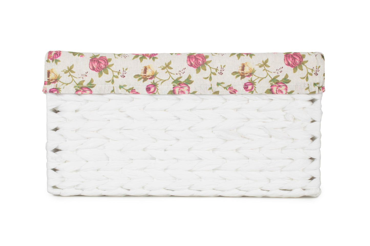 SIZE 1 WHITE PAPER ROPE RECTANGULAR STORAGE BASKET with GARDEN ROSE LINING