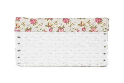 SIZE 1 WHITE PAPER ROPE RECTANGULAR STORAGE BASKET with GARDEN ROSE LINING