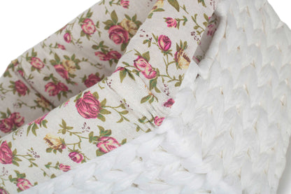 SIZE 1 WHITE PAPER ROPE RECTANGULAR STORAGE BASKET with GARDEN ROSE LINING