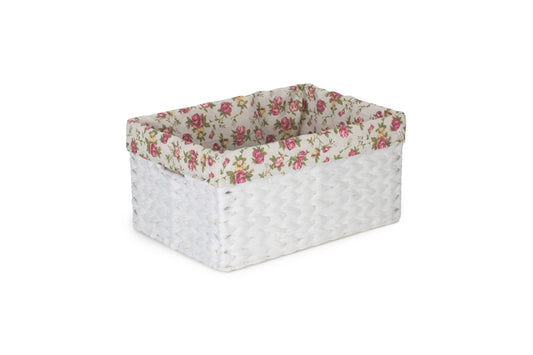 SIZE 2 WHITE PAPER ROPE RECTANGULAR STORAGE BASKET with GARDEN ROSE LINING