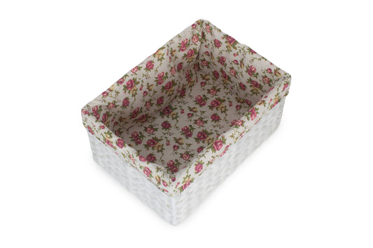 SIZE 2 WHITE PAPER ROPE RECTANGULAR STORAGE BASKET with GARDEN ROSE LINING
