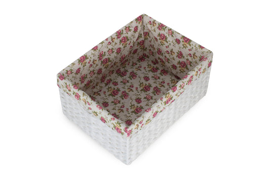SIZE 3 WHITE PAPER ROPE RECTANGULAR STORAGE BASKET with GARDEN ROSE LINING