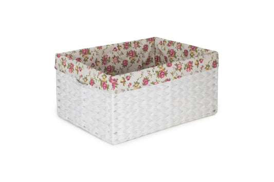 SIZE 3 WHITE PAPER ROPE RECTANGULAR STORAGE BASKET with GARDEN ROSE LINING