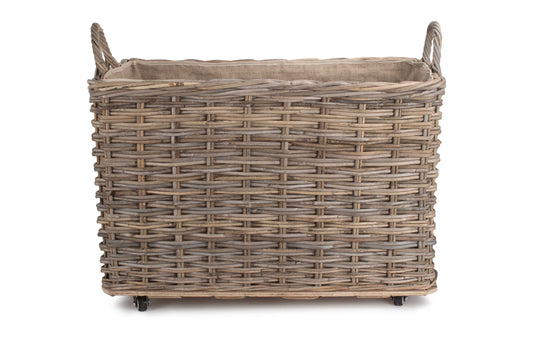 LARGE WHEELED RATTAN HESSIAN LINED LOG BASKET