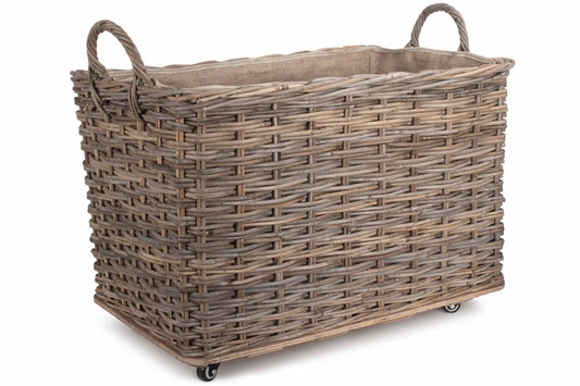 LARGE WHEELED RATTAN HESSIAN LINED LOG BASKET