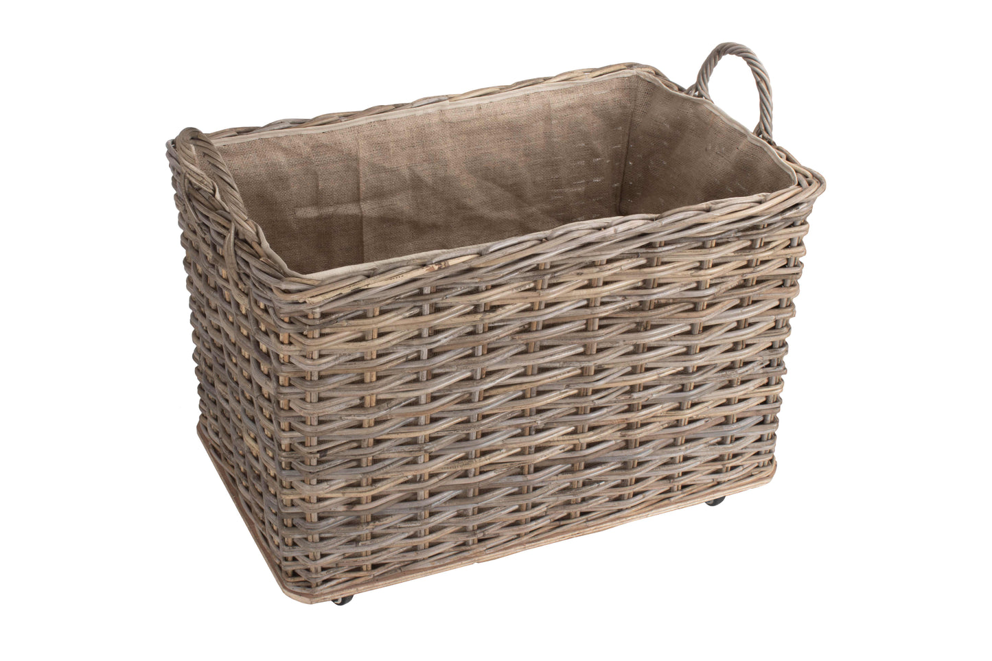 LARGE WHEELED RATTAN HESSIAN LINED LOG BASKET