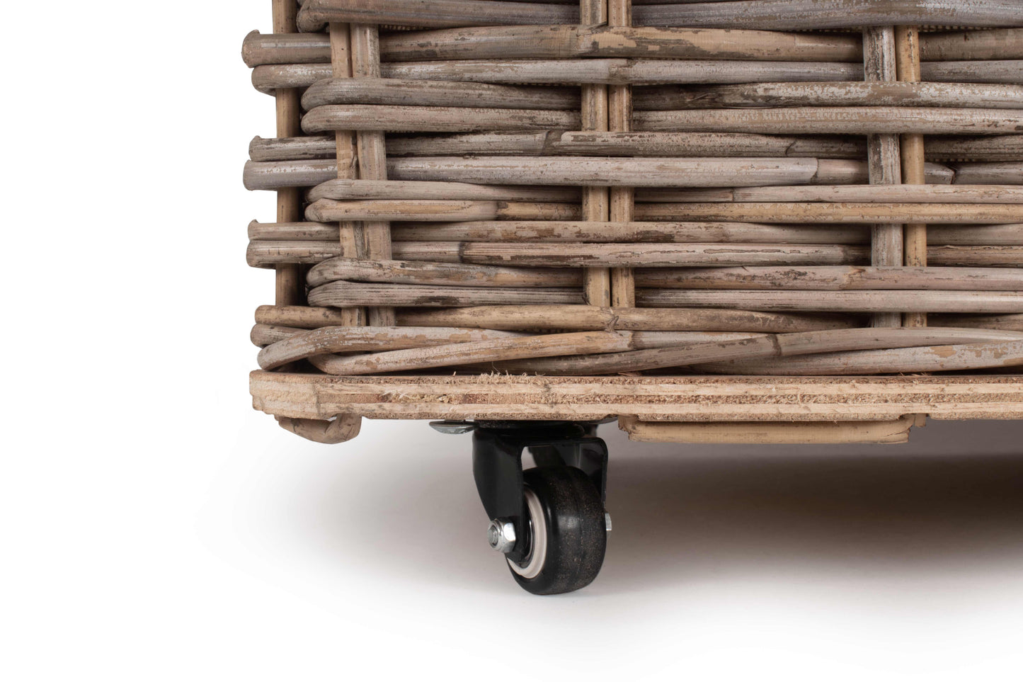 LARGE WHEELED RATTAN HESSIAN LINED LOG BASKET