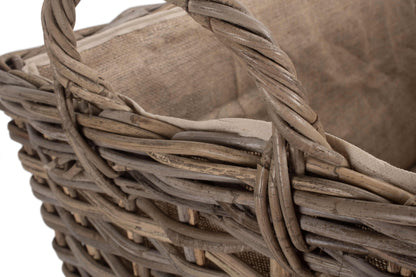 LARGE WHEELED RATTAN HESSIAN LINED LOG BASKET