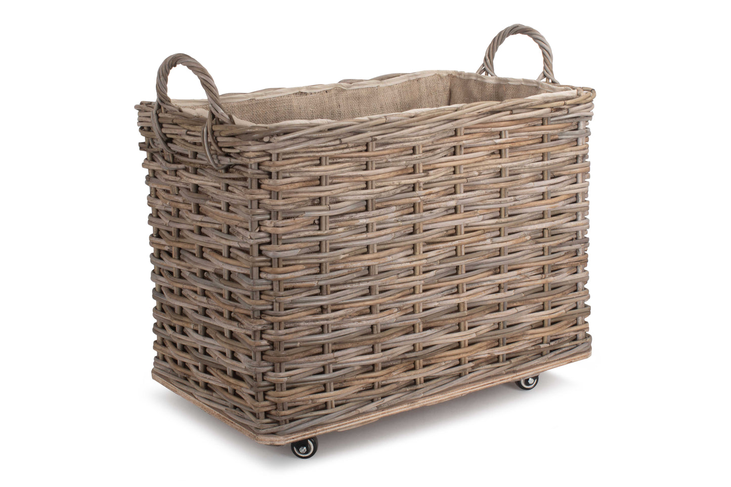 SMALL WHEELED RATTAN HESSIAN LINED LOG BASKET