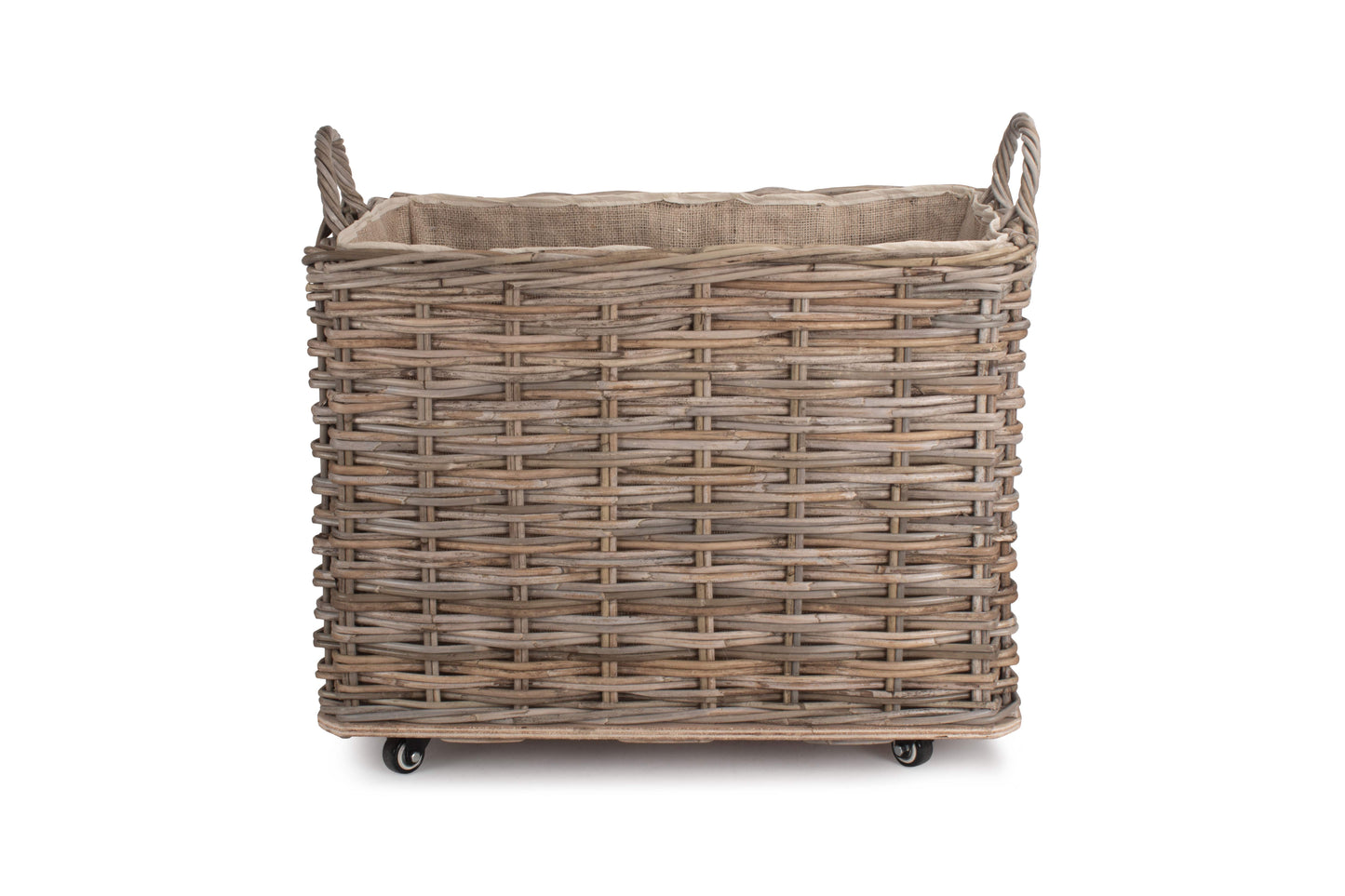 SMALL WHEELED RATTAN HESSIAN LINED LOG BASKET