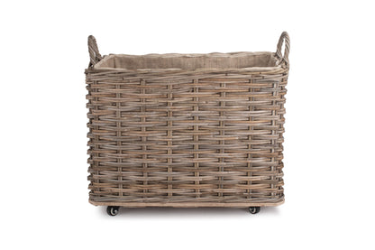 SMALL WHEELED RATTAN HESSIAN LINED LOG BASKET