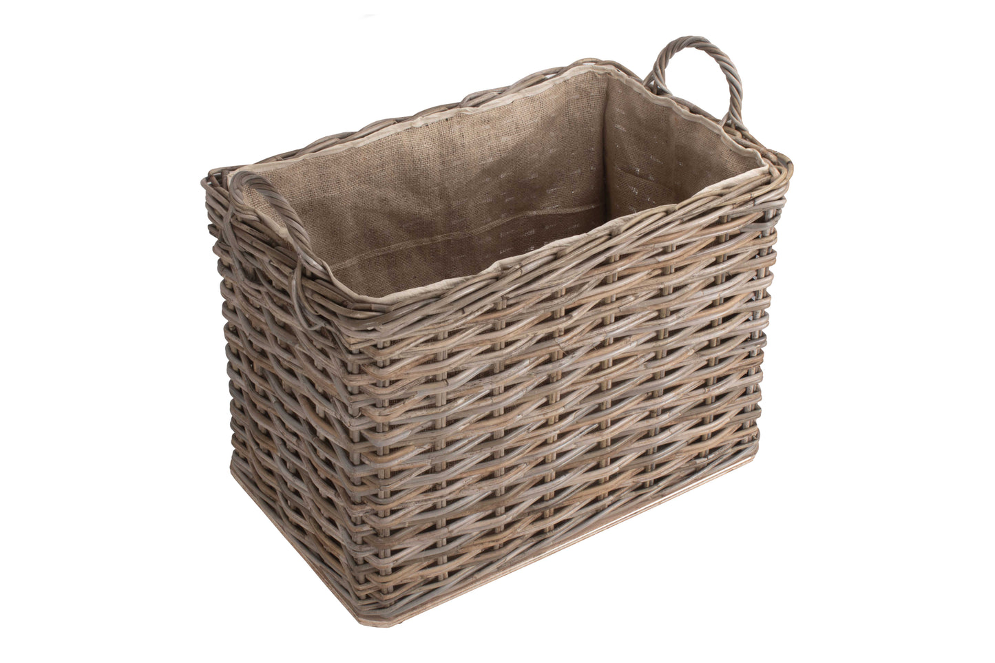 SMALL WHEELED RATTAN HESSIAN LINED LOG BASKET