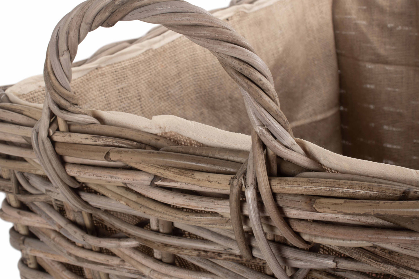 SMALL WHEELED RATTAN HESSIAN LINED LOG BASKET